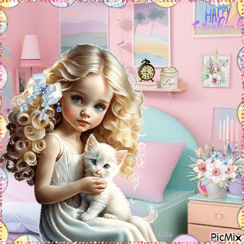 Happy Weekend. Pastel, girl, cat, room - Бесплатни анимирани ГИФ