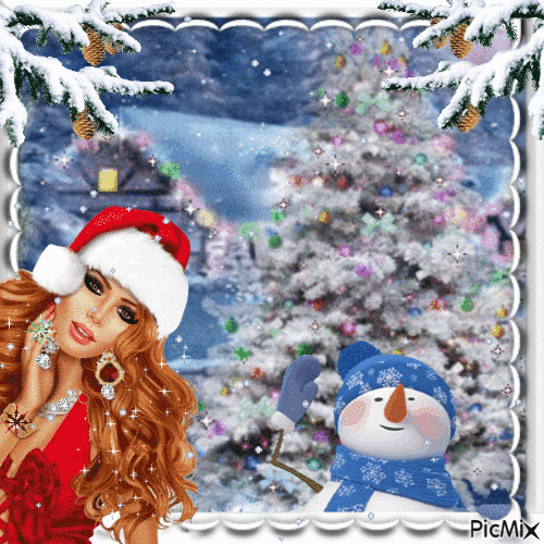 Santa girl and snowman - Nemokamas animacinis gif