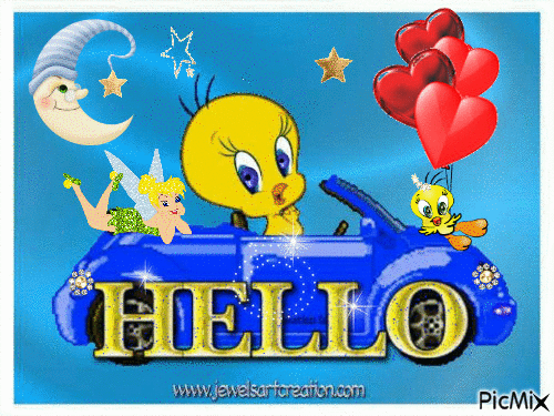 TWEETY IN HIS BLUE CARSAYING HELLO.. ANOTHER TWEETY HOLDING 4 FLASHING HEARTS, A SLEEPY QUARTER MOON, AND TINKER BELL RIDING ON THE BACK OF THE CAR. - 無料のアニメーション GIF