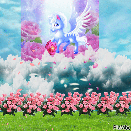The little unicorn with roses - Free animated GIF