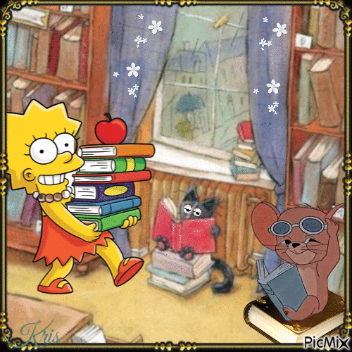 Lisa Simpson dans une bibliothèque - Бесплатный анимированный гифка