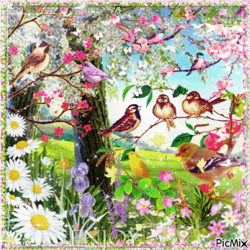 Spring and birds - GIF เคลื่อนไหวฟรี