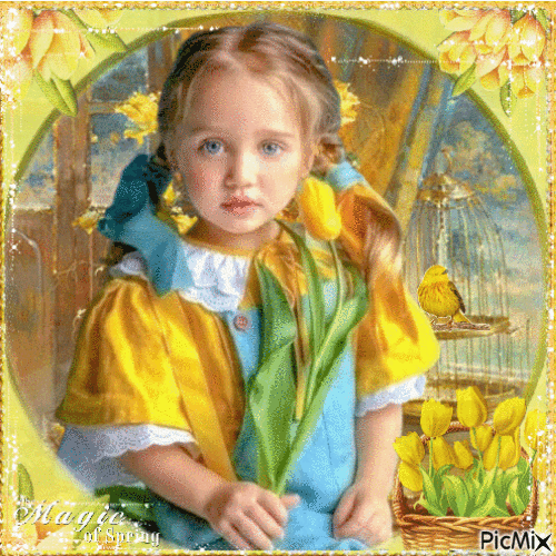 Girl child and yellow tulips - Animovaný GIF zadarmo