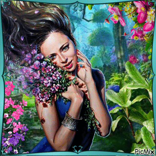 Женщина с цветами - Nemokamas animacinis gif