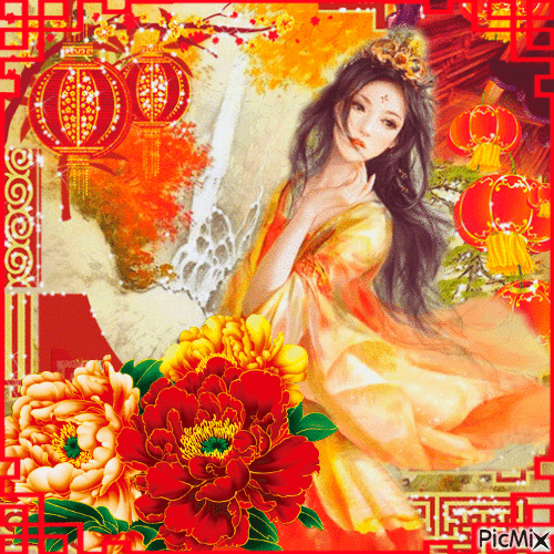 Belle jeune fille asiatique en jaune et orange - GIF animado grátis