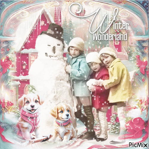 Winter children animals vintage - Ingyenes animált GIF