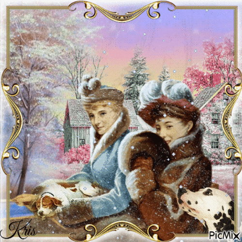 Dame en hiver avec ses chiens - Animovaný GIF zadarmo