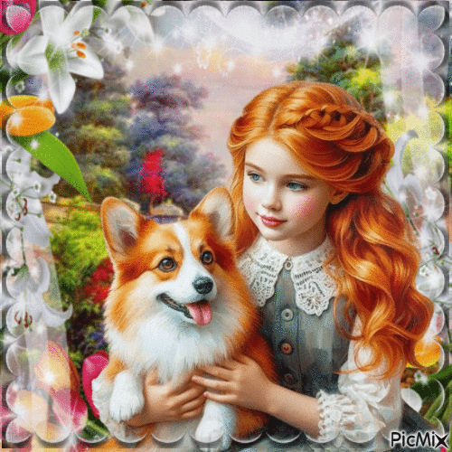 Enfant au printemps avec son chien - Бесплатни анимирани ГИФ