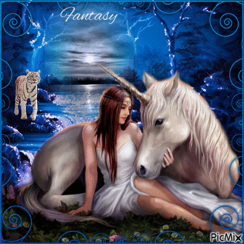 Fantasy Girl With Unicorn And White Tiger - Besplatni animirani GIF