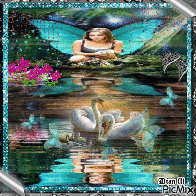 Little Angel Feeding Swans - GIF animé gratuit
