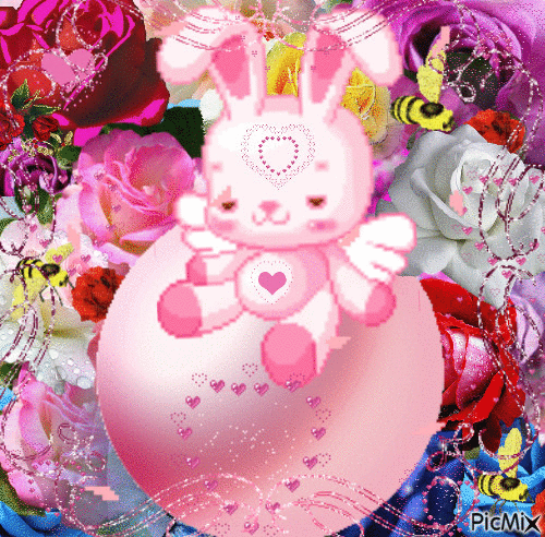LOTS OF COLORS OF ROSES, SOME FLASHING, 3 BEES, A PINK ANGEL RABBIT SITTING ON A BIG PINK BALL,LITTLE HEARTS POPPING, AND PINK ROSE PETAL - Bezmaksas animēts GIF
