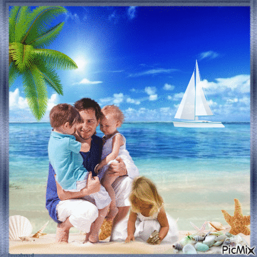 Vater mit seinen Kindern am Meer - Δωρεάν κινούμενο GIF