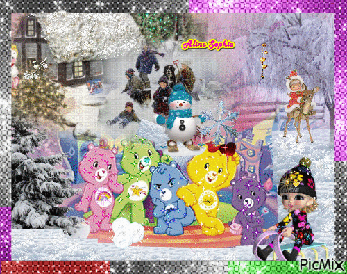 CARE-BEARS IN WINTER WITH FRIEND`S BY ALINE SOPHIE - GIF animado gratis