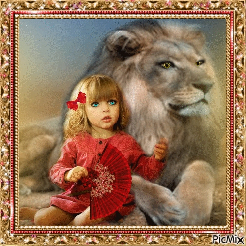 La petite fille avec son ami lion! - GIF animado grátis