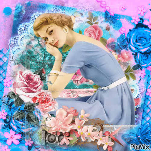 Femme vintage - Tons bleu foncé et rose