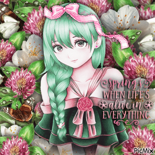 Pink,Green Floral, Anime - Free animated GIF