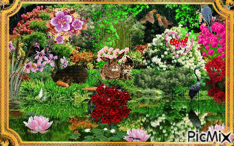 IN THE GARDEN BY THE LAKE THERE ARE RABBITS, BIRDS, BUTTERFLIES ABS A CAT, WITH LOTS OF APARKLES. - Безплатен анимиран GIF