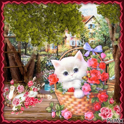Süßes Kätzchen und Blumen - gratis png