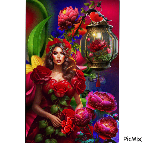 Jeune    femme  et  ses  roses - Gratis animerad GIF
