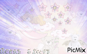 LITTLE BEAR ANGELS WATCHING OVER LITTLE BEAR SLEEPING IN THE CLOUDS WITH BIG FLASHING LIGHT AND QUOTE BEARY SLEEPY. - Безплатен анимиран GIF