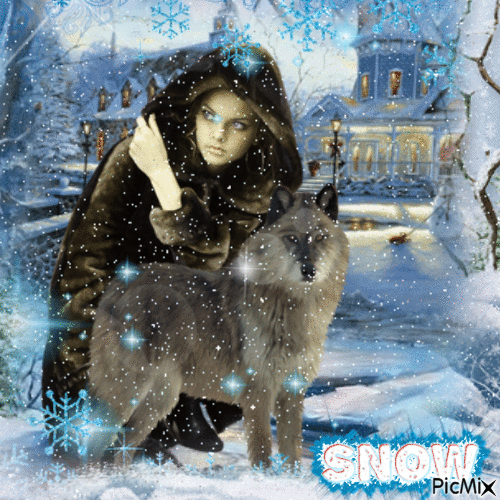 Mujer y Lobo Invierno - Ingyenes animált GIF