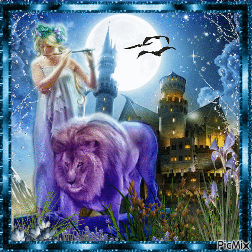 Frau mit ihrem Löwen im Mondlicht - Gratis geanimeerde GIF