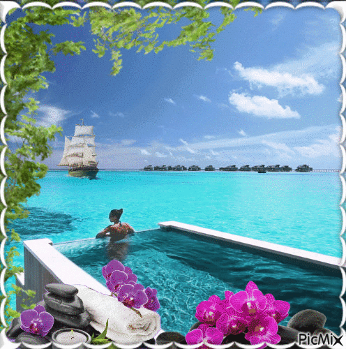 En la picina con una bella vista al mar... - GIF animate gratis