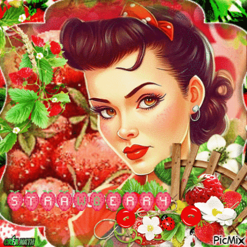 Femme vintage en rouge et les fraises...concours - GIF เคลื่อนไหวฟรี