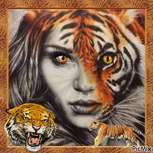 Portrait of woman and tiger - 免费动画 GIF