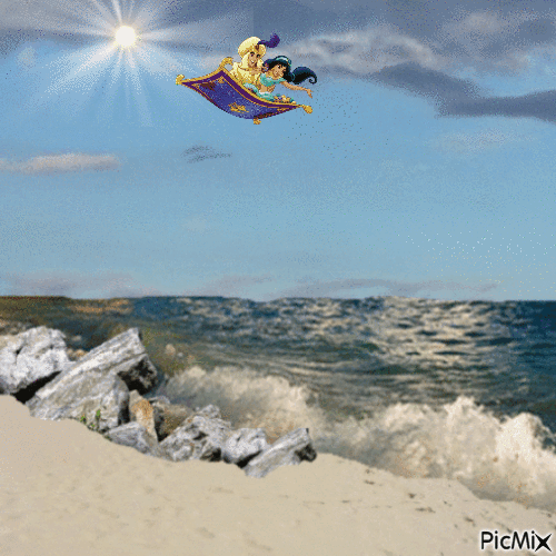Aladdin and Jasmine fly over the beach - Бесплатный анимированный гифка