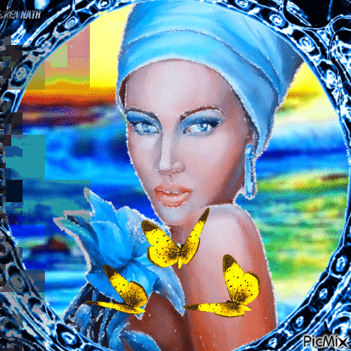 Femme, plage, coucher de soleil bleu et jaune - Ingyenes animált GIF