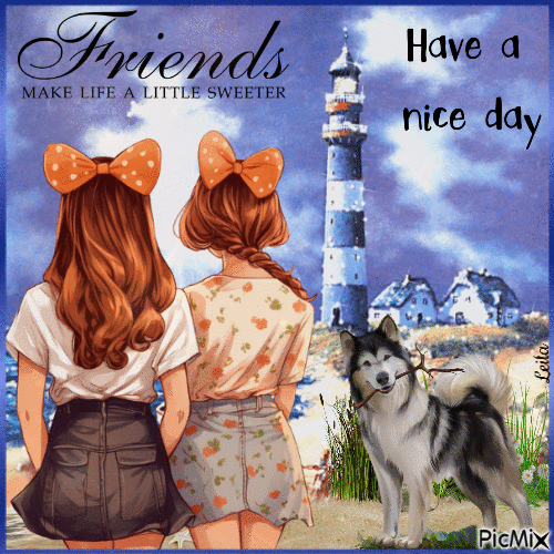 Have Nice Day. Friends, Lighthouse, dog - Ingyenes animált GIF