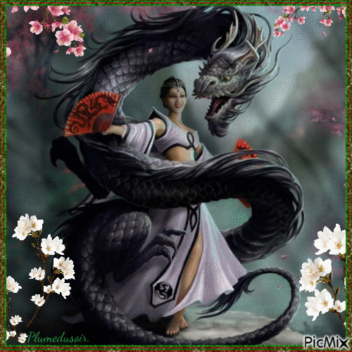 Femme et dragon. - GIF animado grátis
