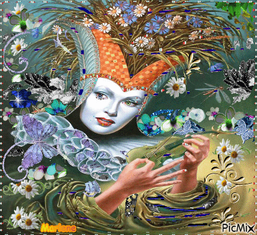 Portrait Carnaval Woman Harlequin Spring Flowers Butterflies  Glitter Hat Deco - Besplatni animirani GIF