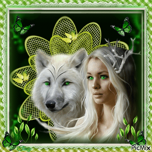 Woman and wolf with green eyes - Fantasy - Animovaný GIF zadarmo