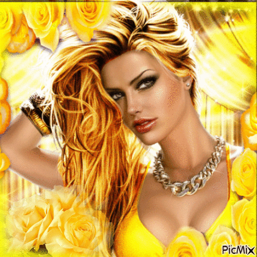 Portrait de femme et fleurs en jaune - GIF animado grátis