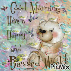 A LITTLE BROWN BEAR BLOWING BUBBLES AND THE BIRDS ARE DANCING AROUND. THE BEAR SAYSGOOD MORNING HAVE A HAPPY AND BLESSED DAY. - GIF animé gratuit