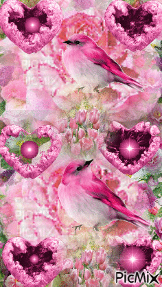 2 BIG PINK ROSES A BACK GROUND OFPINK FLOWERS, 2 PINK BIRDS 6 PINK HEARTS WITH A PINK BALL COMING OUT. - Nemokamas animacinis gif