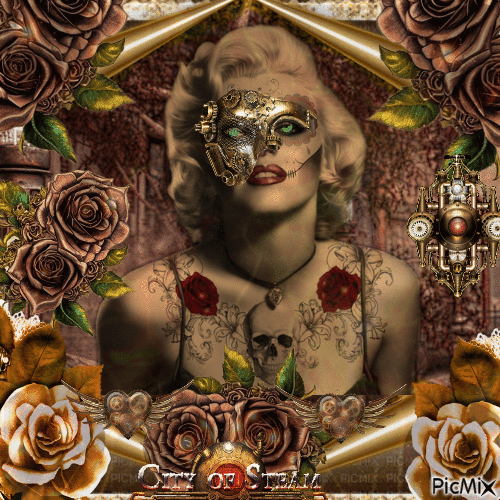 Steampunk de Marilyn Monroe con rosas - Бесплатный анимированный гифка