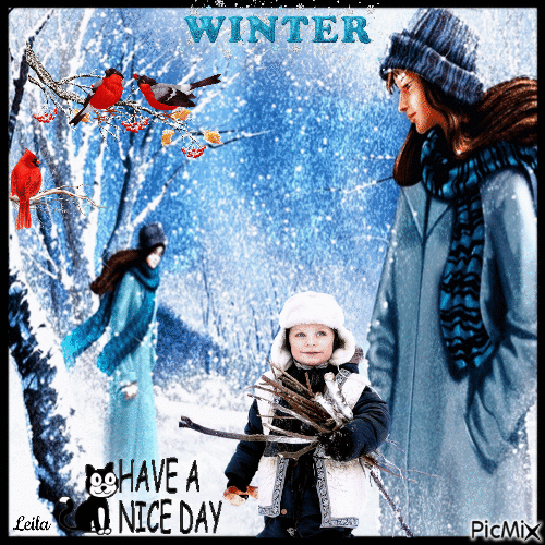 Winter. Have a nice day. Boy and his mother. - GIF animado grátis