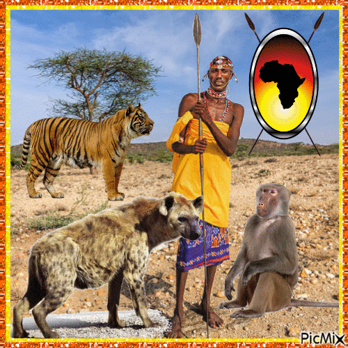 Warrior with monkey, tiger and hyena - Besplatni animirani GIF