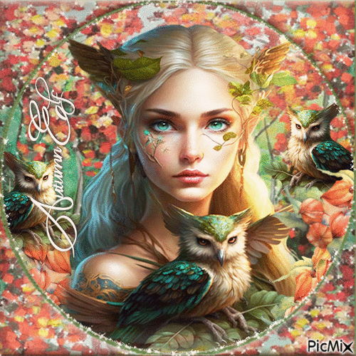 Autumn elf woman owl - 無料のアニメーション GIF
