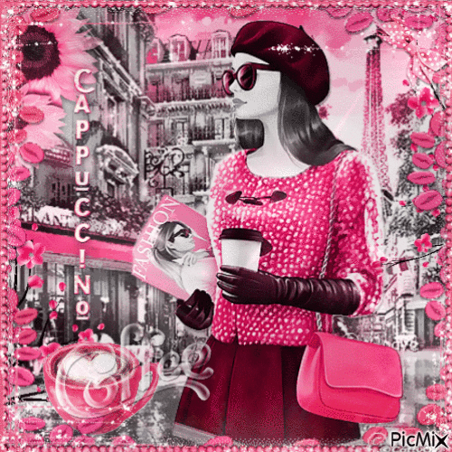 Fashion girl with coffee in pink - Gratis geanimeerde GIF