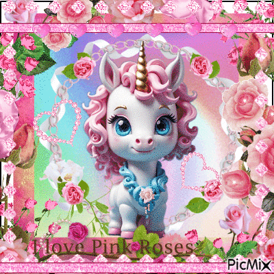 lil unicorn with roses - Gratis animeret GIF