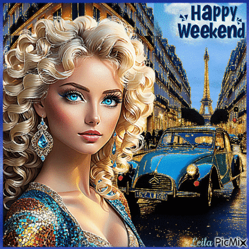 Happy Weekend. Girl in Paris - Free animated GIF