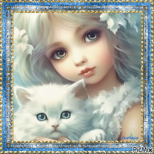 Fillette et petit chat - Free animated GIF