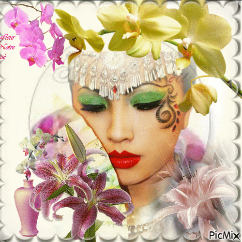 visage de femme et les yeux fermés et les orchidées - Δωρεάν κινούμενο GIF