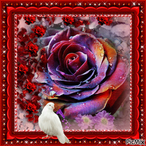 Portrait Red Flowers  Love White Bird Glitter - Free animated GIF