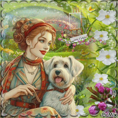 femme au printemps avec son chien - Free animated GIF