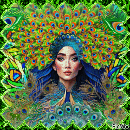Woman with peacock feathers - Бесплатный анимированный гифка